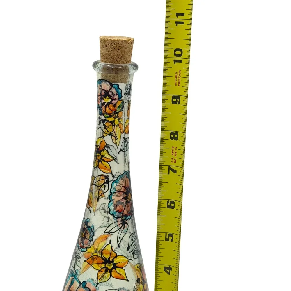 Hand Painted Floral Glass Bottle Home DecorCork Stopper England Artisanal 10in
